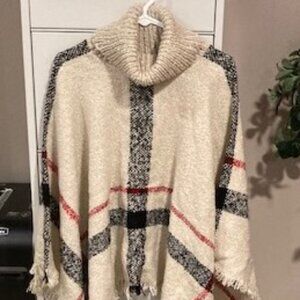 City Wear Turtleneck Poncho - One Size - Tan, Black and Red Plaid - New With Tag